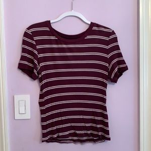 Red shirt with pink and white stripes, size L.
